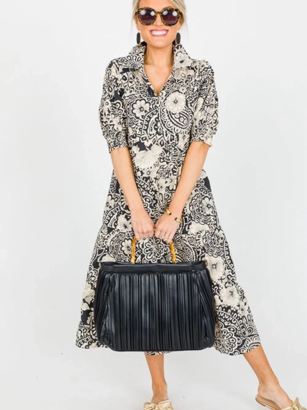 Umgee Black & Cream Floral Paisley Midi Dress - Picture 4 of 4